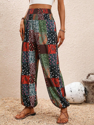 VCAY Patchwork Print Shirred Waist Pants