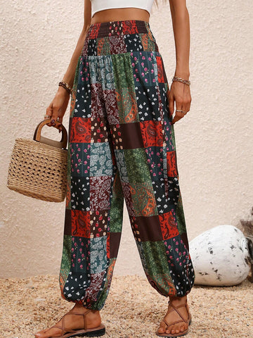 VCAY Patchwork Print Shirred Waist Pants