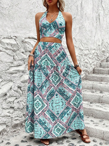 Patchwork Print Tie Back Halter Top And Skirt Set