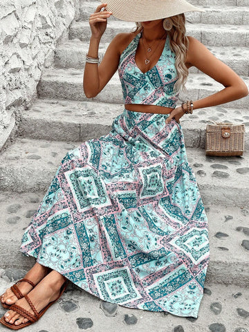 Patchwork Print Tie Back Halter Top And Skirt Set
