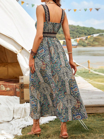 Patchwork Printed & Woven Belt Decor Split Hem Square Neck Midi Dress
