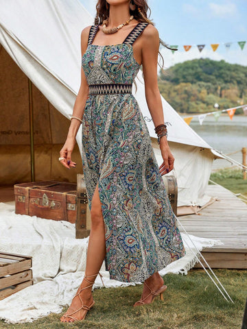 Patchwork Printed & Woven Belt Decor Split Hem Square Neck Midi Dress