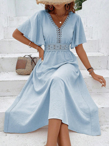 Patchwork Soluble Lace V-Neck Dress With Ruffle Sleeves And Waist