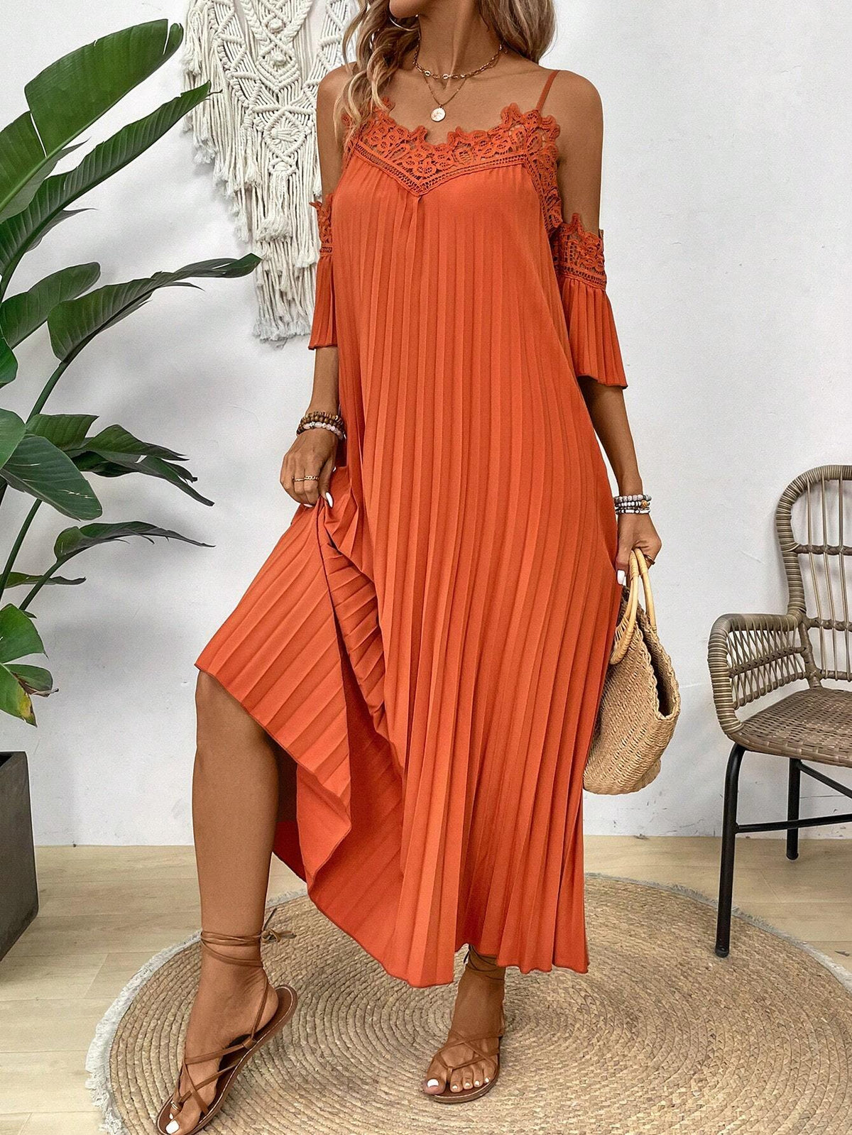 Patchwork Water Soluble Lace Pleated Off Shoulder Neckline Dress