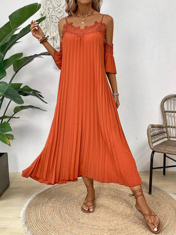 Patchwork Water Soluble Lace Pleated Off Shoulder Neckline Dress