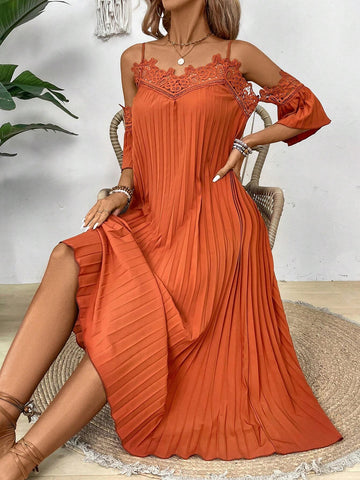 Patchwork Water Soluble Lace Pleated Off Shoulder Neckline Dress