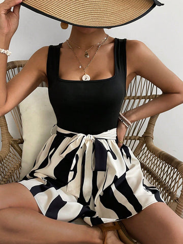 Pattern Printed Sleeveless Romper With Waist Belt