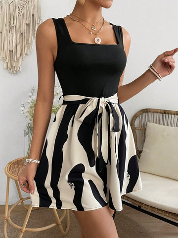 Pattern Printed Sleeveless Romper With Waist Belt