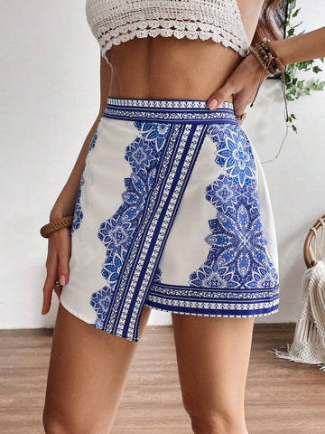 VCAY Patterned Printed Wrapover Asymmetric Hem Shorts
