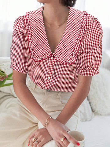 VCAY Peter Pan Collar Short Sleeve Shirt With Ruffle Trim And Button Front