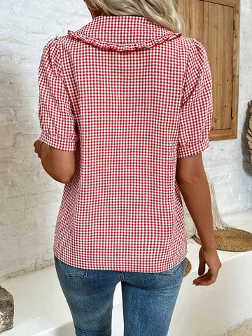 VCAY Peter Pan Collar Short Sleeve Shirt With Ruffle Trim And Button Front