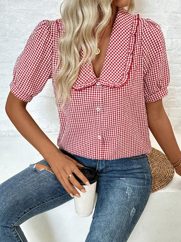 VCAY Peter Pan Collar Short Sleeve Shirt With Ruffle Trim And Button Front