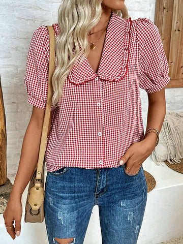 VCAY Peter Pan Collar Short Sleeve Shirt With Ruffle Trim And Button Front