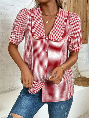 VCAY Peter Pan Collar Short Sleeve Shirt With Ruffle Trim And Button Front