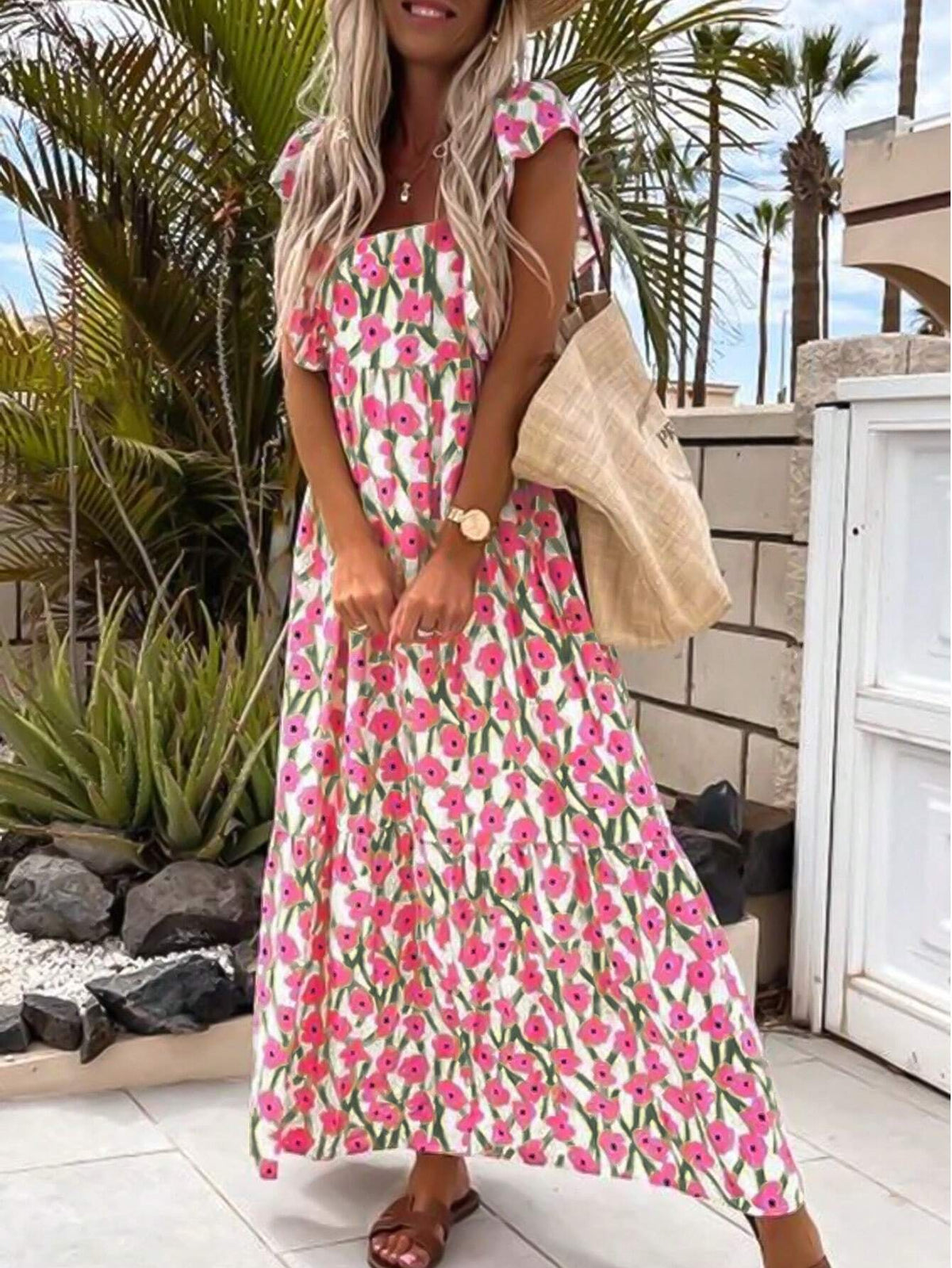 Pink Printed Cap Sleeve A-Line Dress With Long Skirt
