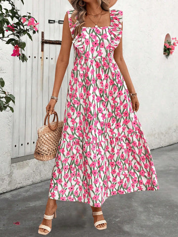 Pink Printed Cap Sleeve A-Line Dress With Long Skirt