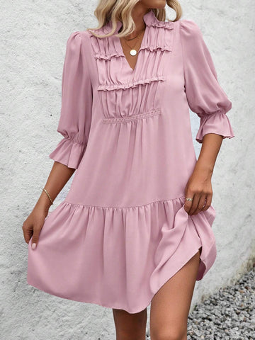 Pink Ruffle Trim V-Neck Dress With Flounce Sleeves For Women