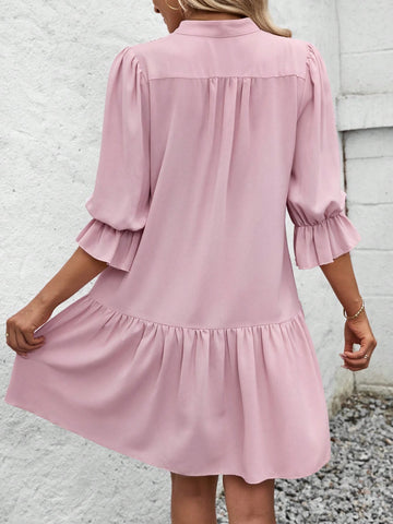 Pink Ruffle Trim V-Neck Dress With Flounce Sleeves For Women