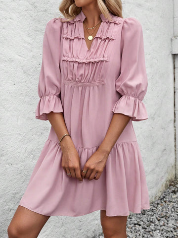 Pink Ruffle Trim V-Neck Dress With Flounce Sleeves For Women
