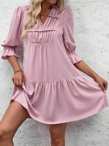 Pink Ruffle Trim V-Neck Dress With Flounce Sleeves For Women