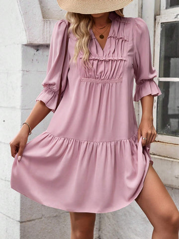 Pink Ruffle Trim V-Neck Dress With Flounce Sleeves For Women