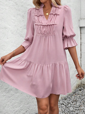 Pink Ruffle Trim V-Neck Dress With Flounce Sleeves For Women