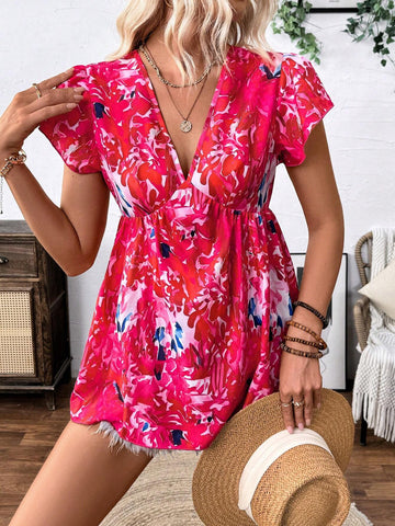 VCAY Pink Short Cap Sleeve V-Neck Women's Floral Print Blouse