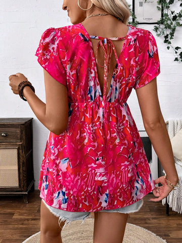 VCAY Pink Short Cap Sleeve V-Neck Women's Floral Print Blouse