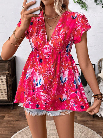 VCAY Pink Short Cap Sleeve V-Neck Women's Floral Print Blouse