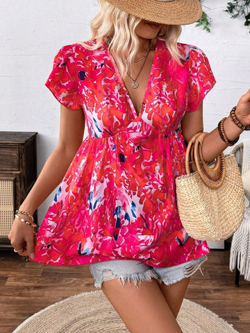 VCAY Pink Short Cap Sleeve V-Neck Women's Floral Print Blouse