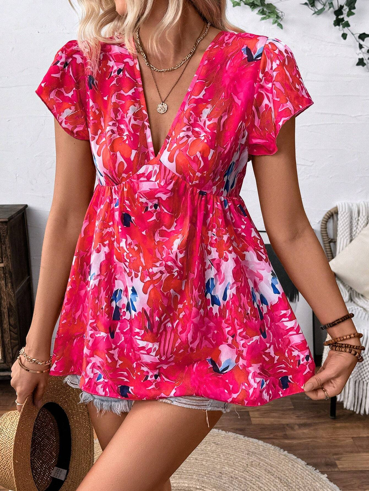 VCAY Pink Short Cap Sleeve V-Neck Women's Floral Print Blouse