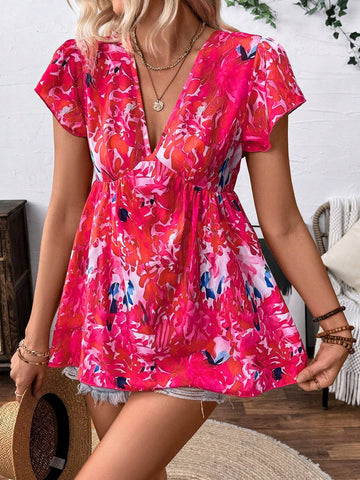 VCAY Pink Short Cap Sleeve V-Neck Women's Floral Print Blouse