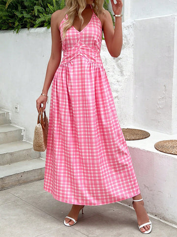 Plaid Print V-Neck Halterneck Waist Tie A-Line Dress