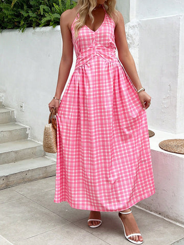 Plaid Print V-Neck Halterneck Waist Tie A-Line Dress