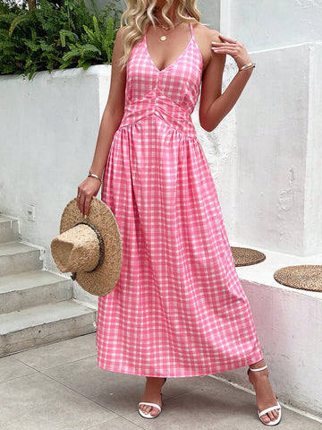 Plaid Print V-Neck Halterneck Waist Tie A-Line Dress