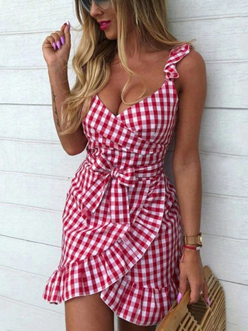 Plaid Spring/Summer Vacation Sweet And Cute Wrap Style Tiered Dress With Ruffled Trim And Cinching Waist