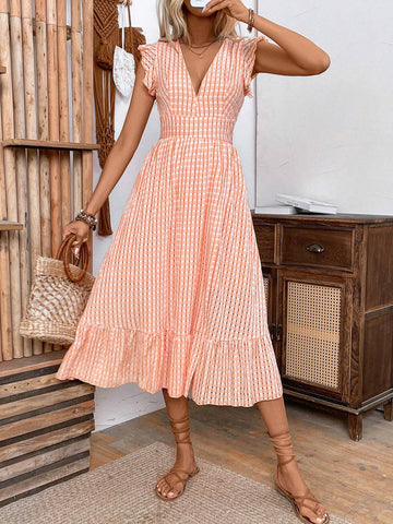 Plaid Tie Waist Ruffle Hem Summer Casual Vacation Dress