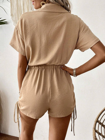 Plain Colored Texture V-Neck Jumpsuit With Pockets And Drawstring Waist