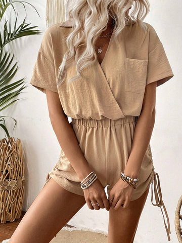 Plain Colored Texture V-Neck Jumpsuit With Pockets And Drawstring Waist