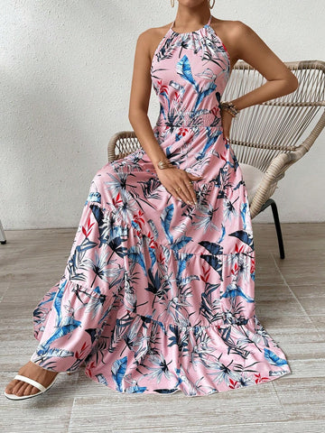 Plant Print Backless Halter Neck Dress