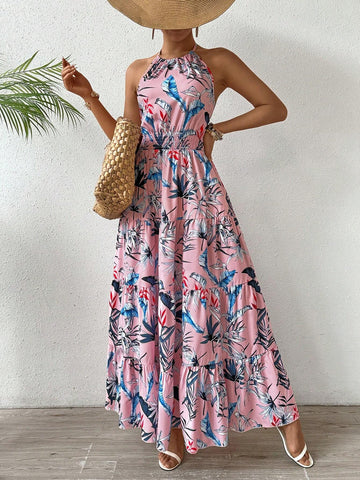 Plant Print Backless Halter Neck Dress