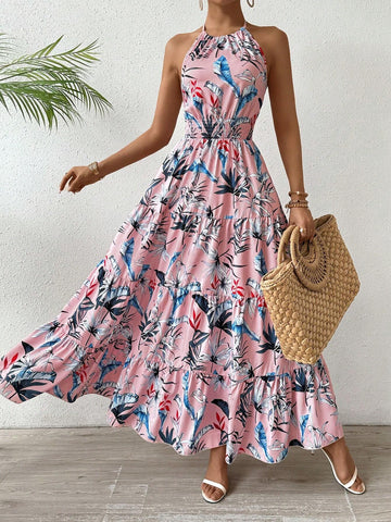 Plant Print Backless Halter Neck Dress