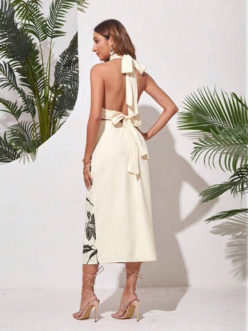 Plant Print Backless Halter Neck Sleeveless Dress With Tie At Waist