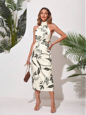 Plant Print Backless Halter Neck Sleeveless Dress With Tie At Waist