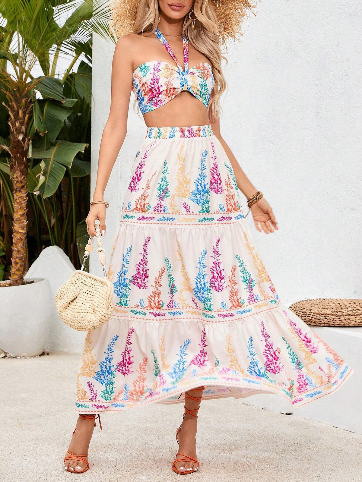 Plant Print Halter Neck Vest And Elastic Waist Skirt