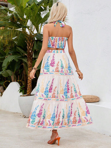 Plant Print Halter Neck Vest And Elastic Waist Skirt
