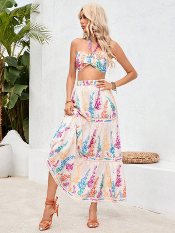 Plant Print Halter Neck Vest And Elastic Waist Skirt