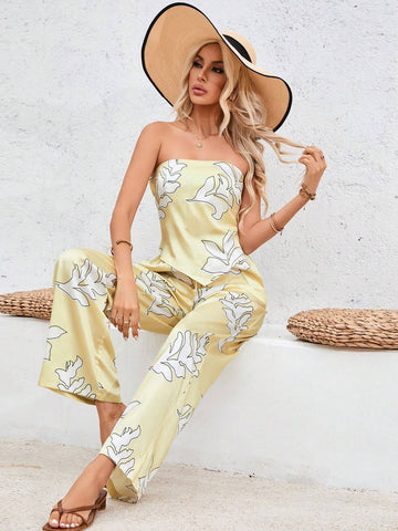 Plant Print Strapless Top And Pants Set