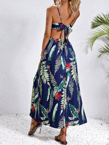 Plant Printed Hollow Out Strappy Backless Summer Dress