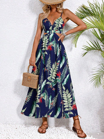 Plant Printed Hollow Out Strappy Backless Summer Dress